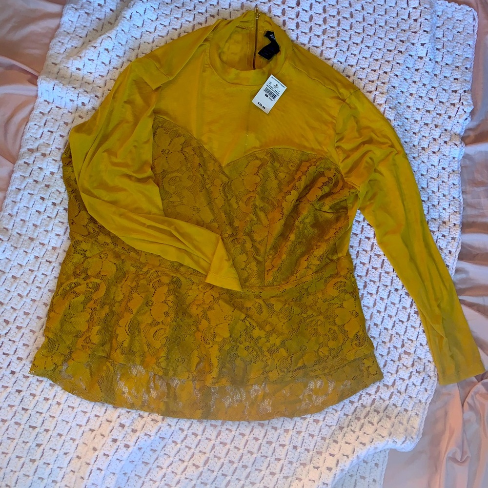 Ashley Stewart mustard blouse with lace